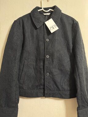 ZARA Men's Black Textured Button Jacket
